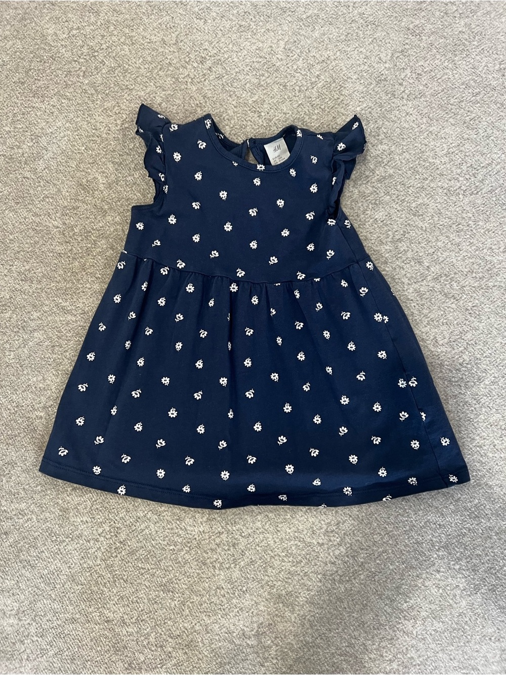 H&M Navy Blue Dress with White Floral Print and Flutter Sleeves
